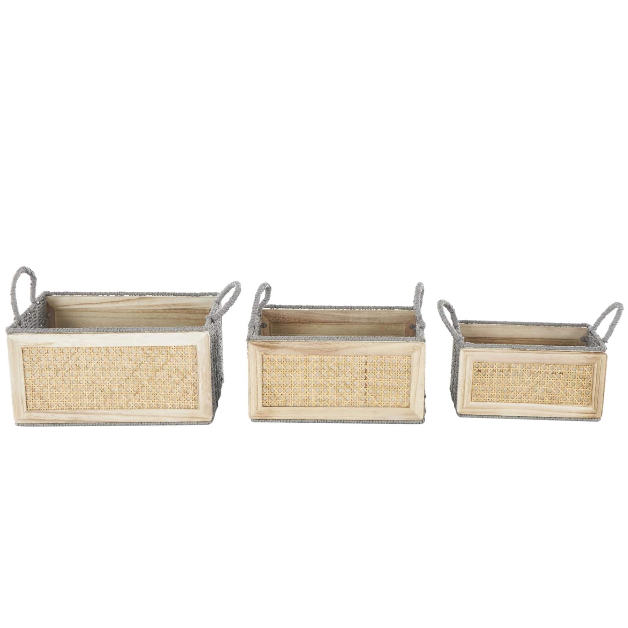 Light Brown Rattan Woven Basket with Gray Rope Handles, 3ct.